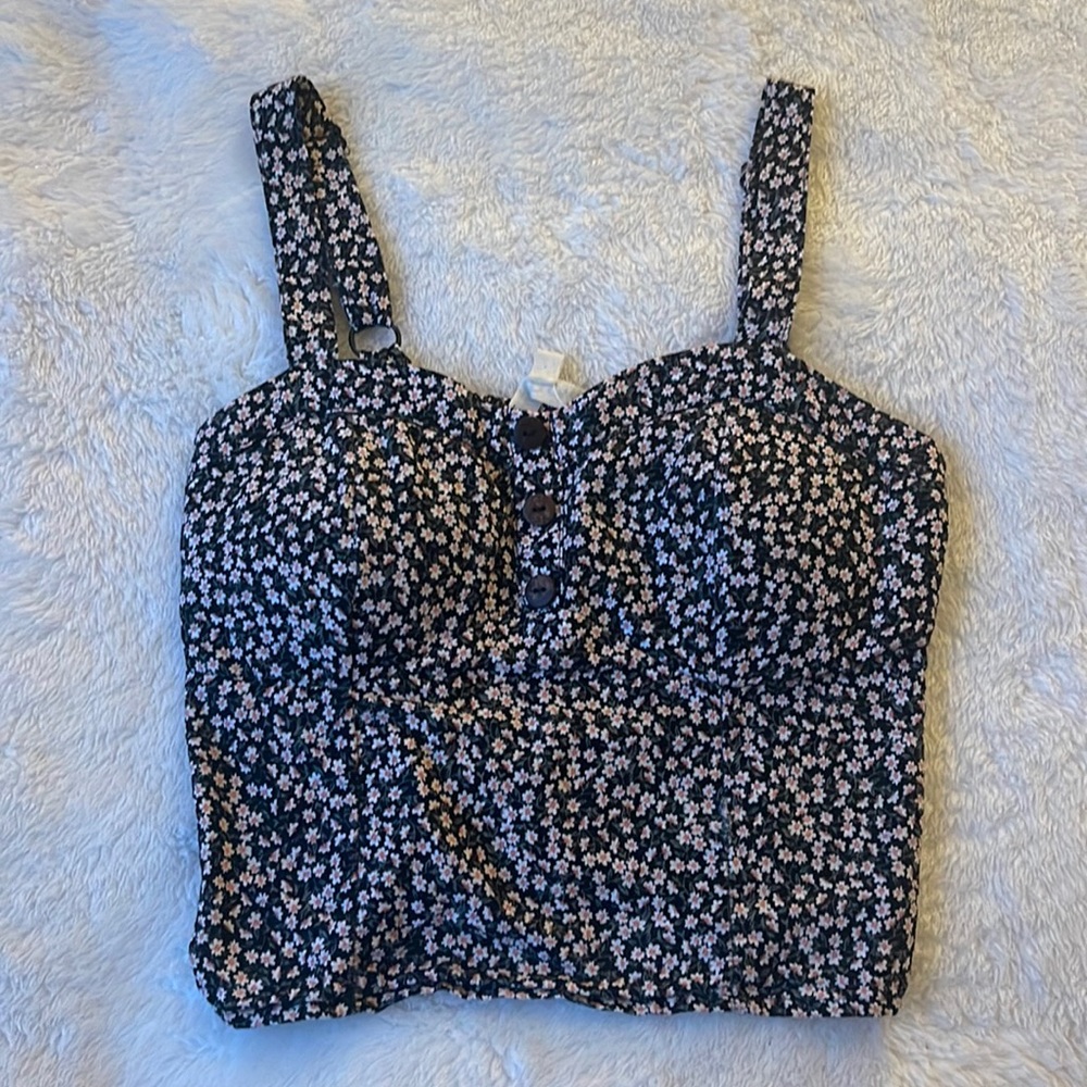 Black and Pink Floral Cropped Tank with Elastic Back and Cups